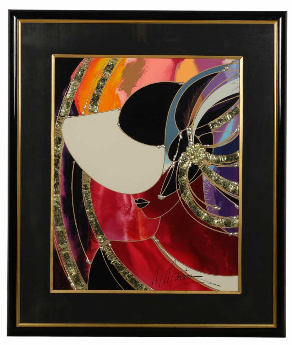 Martiros Manoukian b.1947 Embellished Serigraph: Martiros Manoukian (Armenian-American, born 1947), color embellished serigraph on paper depicting a stylized female figure wearing a hat, with metallic accents and bold graphic elements. Signed lower