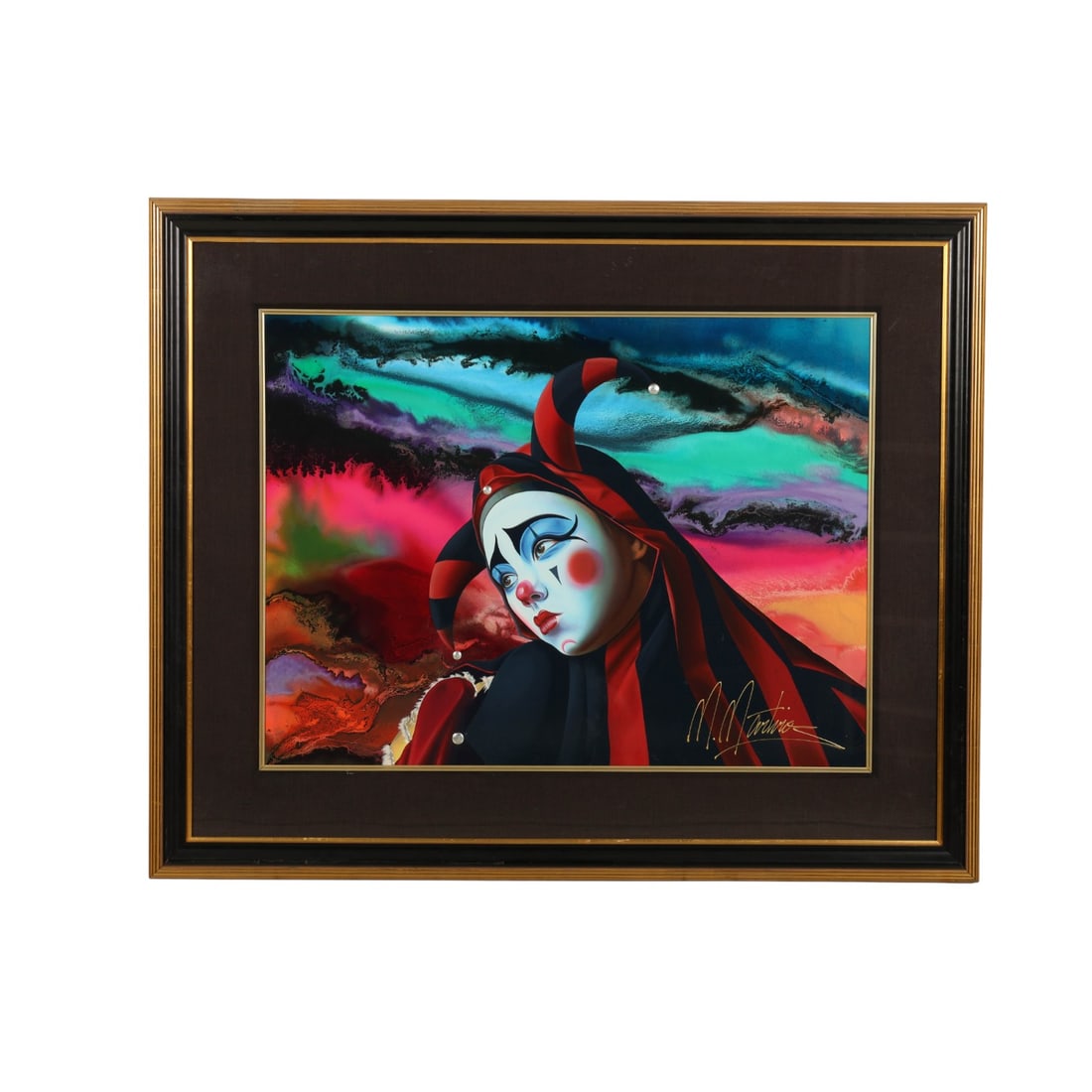 Martiros Manoukian b.1947 Embellished Serigraph: Martiros Manoukian (Armenian-American, born 1947), Passionate Dreams, embellished serigraph on paper depicting a stylized harlequin figure against a vibrant abstract background. Signed in gold at the