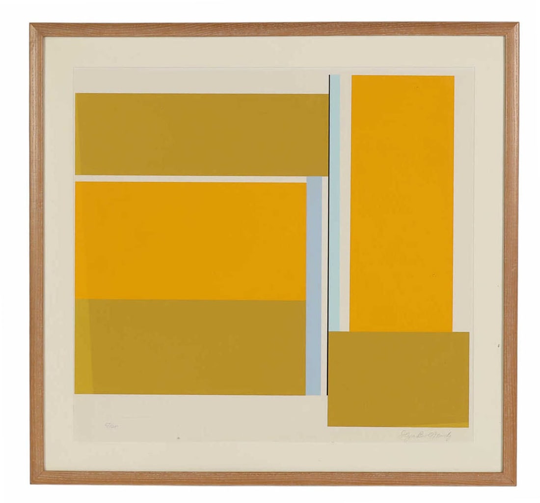 Ilya Bolotowsky 1907-1981 Geometric Litho SIGNED: Ilya Bolotowsky (Russian-American, 1907-1981), Untitled, 1969, serigraph on paper featuring a modern geometric composition in yellow, blue, and gray. Signed in pencil lower right and numbered 67/125 l