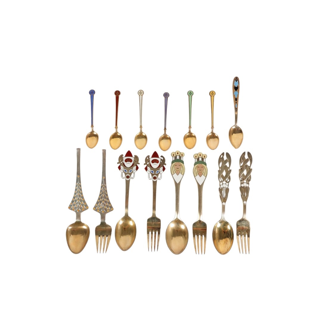 A. Michelsen D Andersen Enamel Flatware LOT 425gr.: Collection of fifteen enameled sterling flatware items, including figural holiday-themed forks and spoons, guilloche enamel demitasse spoons in various colors, and pierced and enamel-decorated serving