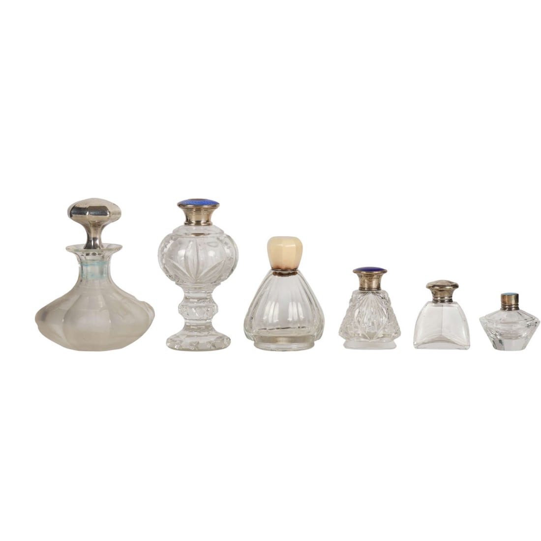 Art Deco Glass Perfume Bottles w/ Silver Mount LOT: Collection of six clear glass vanity dresser scent bottles, various forms, some with faceted or etched surfaces. Some with collars with guilloche enamel lids in blue or turquoise tones. One with hinge