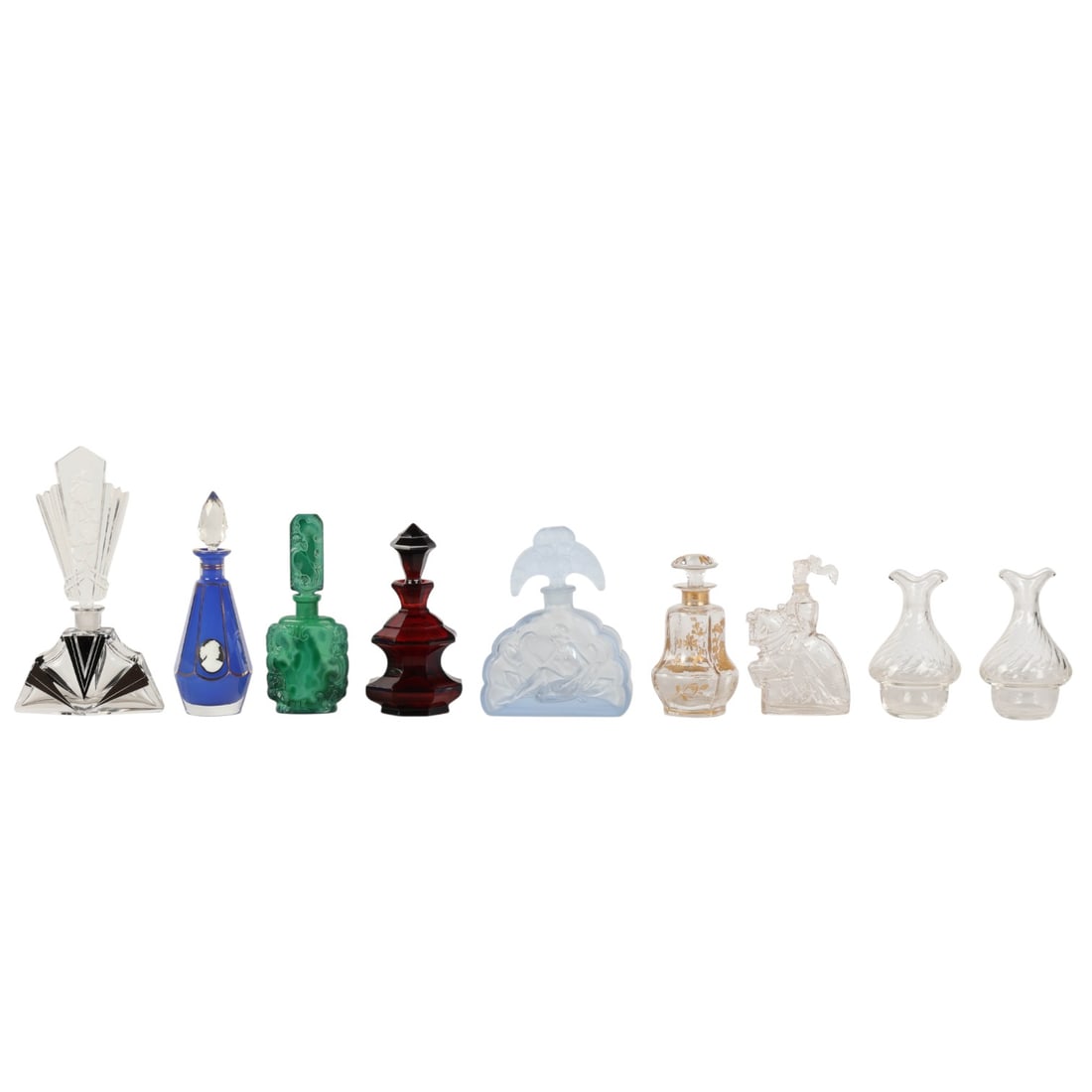 Art Deco Vanity Dresser Glass Perfume Bottle LOT: Group lot of a total of nine Art Deco inspired assorted glass scent bottles in various shapes, finishes, and designs. Includes cut, pressed, frosted, and enameled examples with figural, geometric, and
