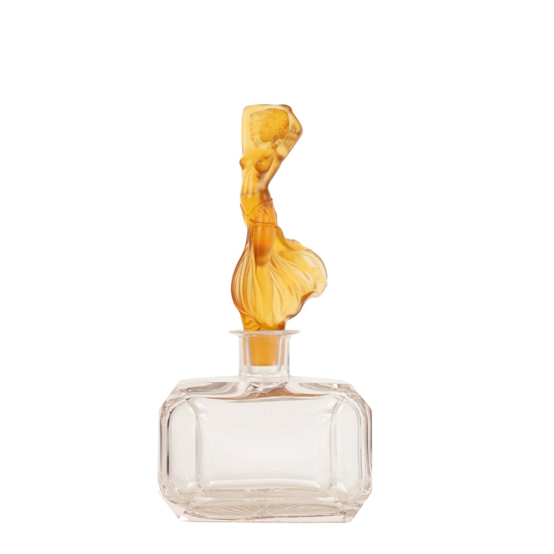 Czech Art Deco Scent Bottle w Figural Nude Stopper: Bohemian Czech vanity dresser Art Deco inspired perfume glass bottle. Modeled with a clear rectangular faceted glass body and an amber topaz colored figural stopper in the form of a standing nude