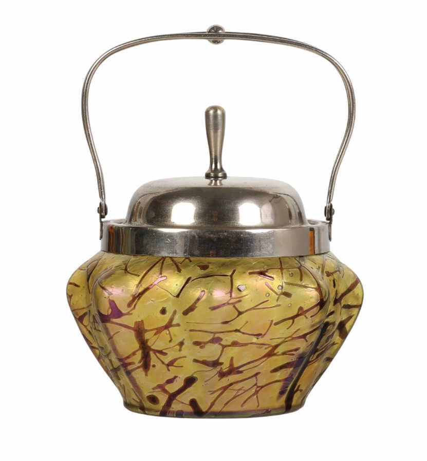 Loetz Oil Drop Art Glass Metal Lid Biscuit Barrel: Loetz Austria Art Deco glass biscuit barrel with metal mount fitted lid having a hinged mechanism. The vessel displays an iridescent surface treatment in typical oil spot pattern. No apparent maker's