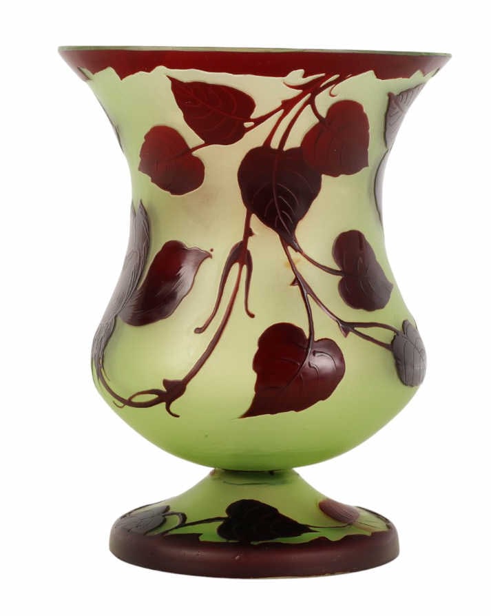 Loetz Cameo Acid Etched Art Nouveau Floral Vase: Loetz Austrian cameo glass vase with acid etched and carved foliate design. Features layered construction in light green with overlay in red tones, cut to reveal a leaf and floral motif. The form has