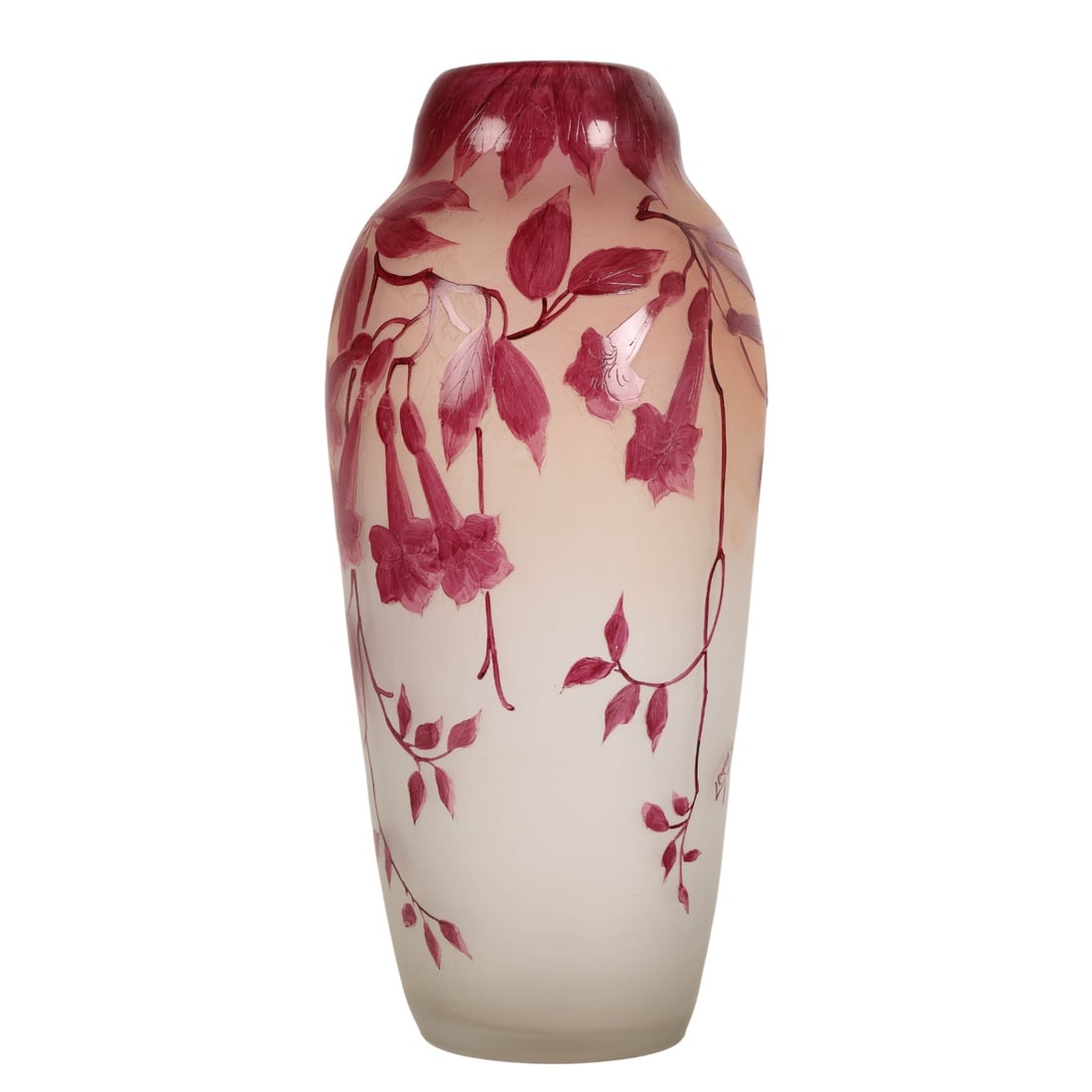 Legras French Art Nouveau Cameo Floral Glass Vase: Legras French studio art glass cameo acid etched tall vase. Features an enameled decoration with overlaid red purple foliage and floral motifs on a frosted ground. The design wraps around the entire