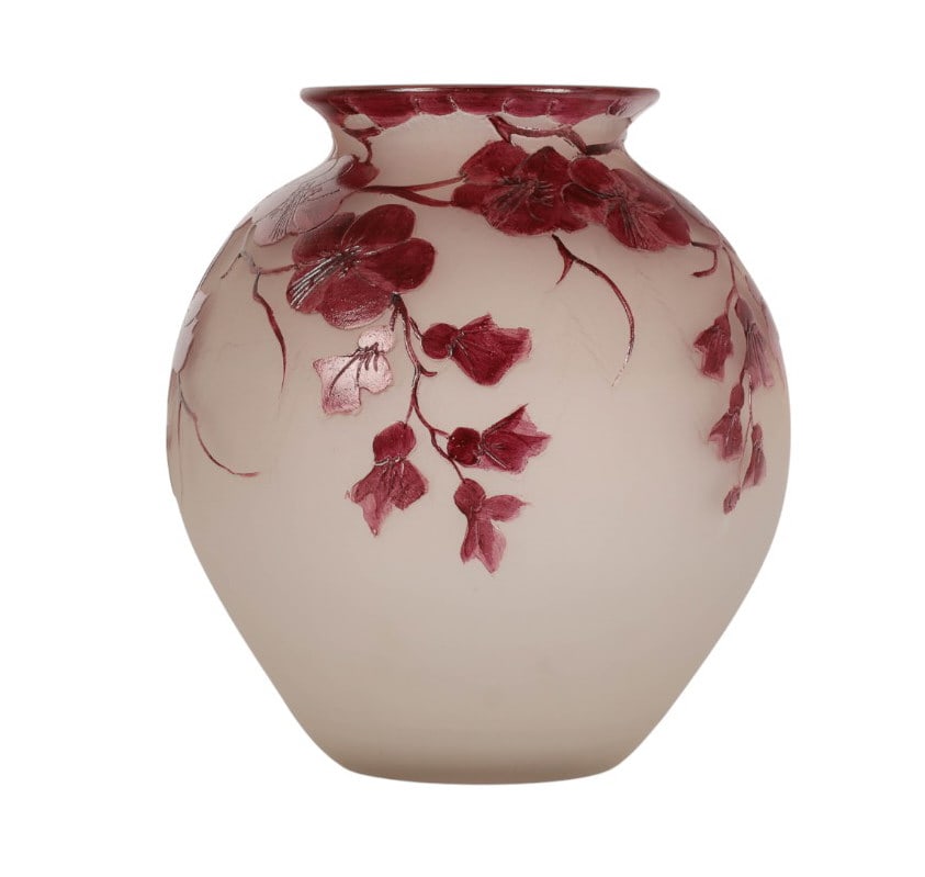 Legras French Cameo Art Nouveau Floral Glass Vase: Legras France art glass vase by the French glassworks Legras & Cie (founded by Francois Theodore Legras (French, 1839-1916). Features a frosted ground and layered glass decoration showcasing a