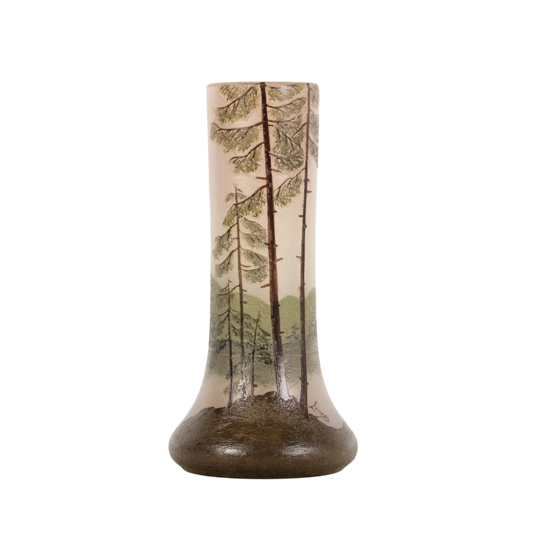 Legras 8" Cameo Etched Forest Landscape Glass Vase: Legras French art glass vase with etched cameo decoration featuring a wooded forest landscape in layered tones of green and brown. The cylindrical body flares at the base. Acid-etched and enameled