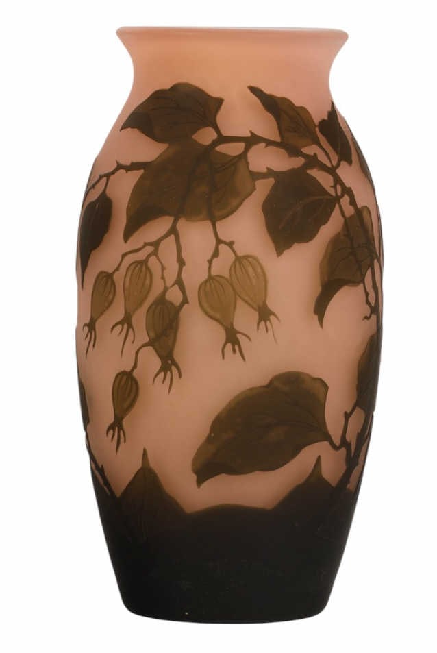 Arsall Cameo Acid Etched Rosehip German Glass Vase: Arsall Germany Art Nouveau cameo glass vase with acid etched rose hip figural branch and flower decoration in overlay. Features dark botanical motifs against an amber toned frosted body. Signed