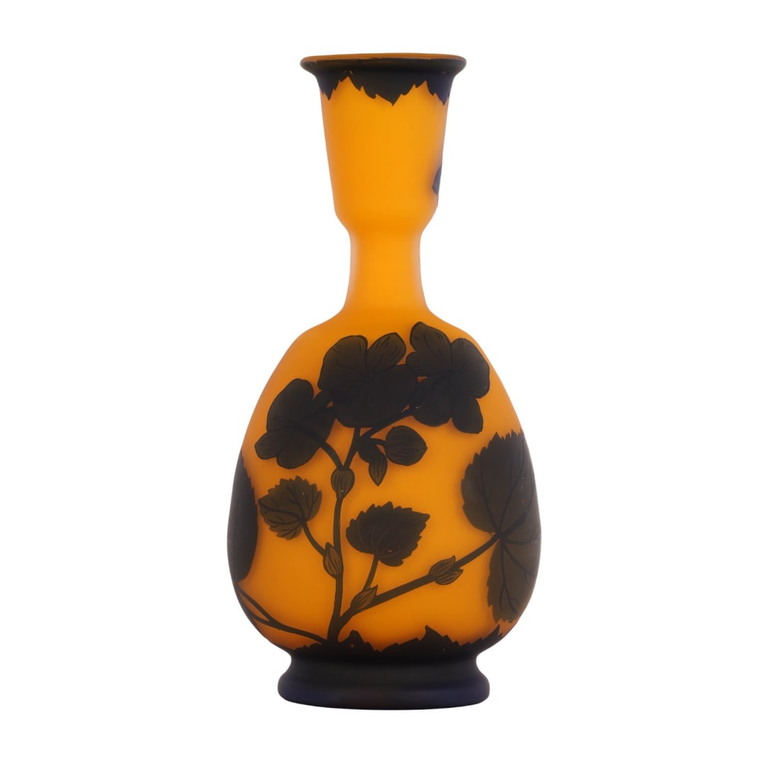 Richard French Cameo Art Nouveau Floral Glass Vase: French cameo acid etched art glass vase. The design extends around the body and neck with the piece featuring layering with a yellow ground and dark overlay cut in relief to depict foliage, flowers,