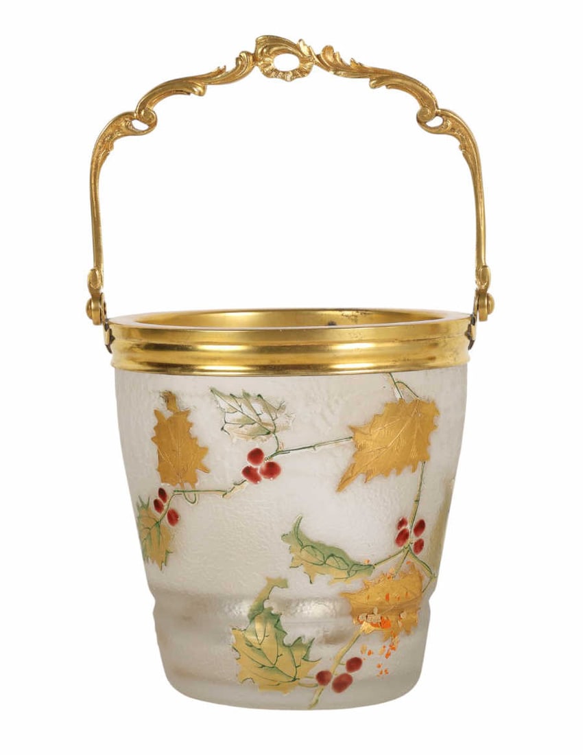 Victor Saglier Cameo Etched Art Glass Ice Bucket: Victor Saglier Art Deco etched glass ice bucket with enameled holly and leaf decoration. Features a textured frosted surface, mounted with a gilt metal collar and hinged swing handle. Marked on the