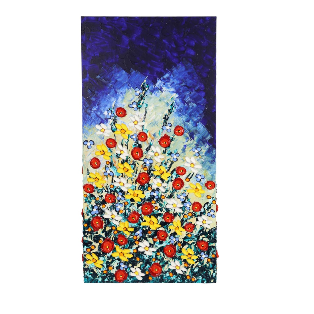 Isabelle Dupuy 20C Poppy Flowers Impasto Painting: Isabelle Dupuy (Haitian, 20/21st century), Delightful Poppies in the Breeze, oil and acrylic on canvas depicting a vibrant field of poppies and wildflowers rendered in bold, saturated hues of red,