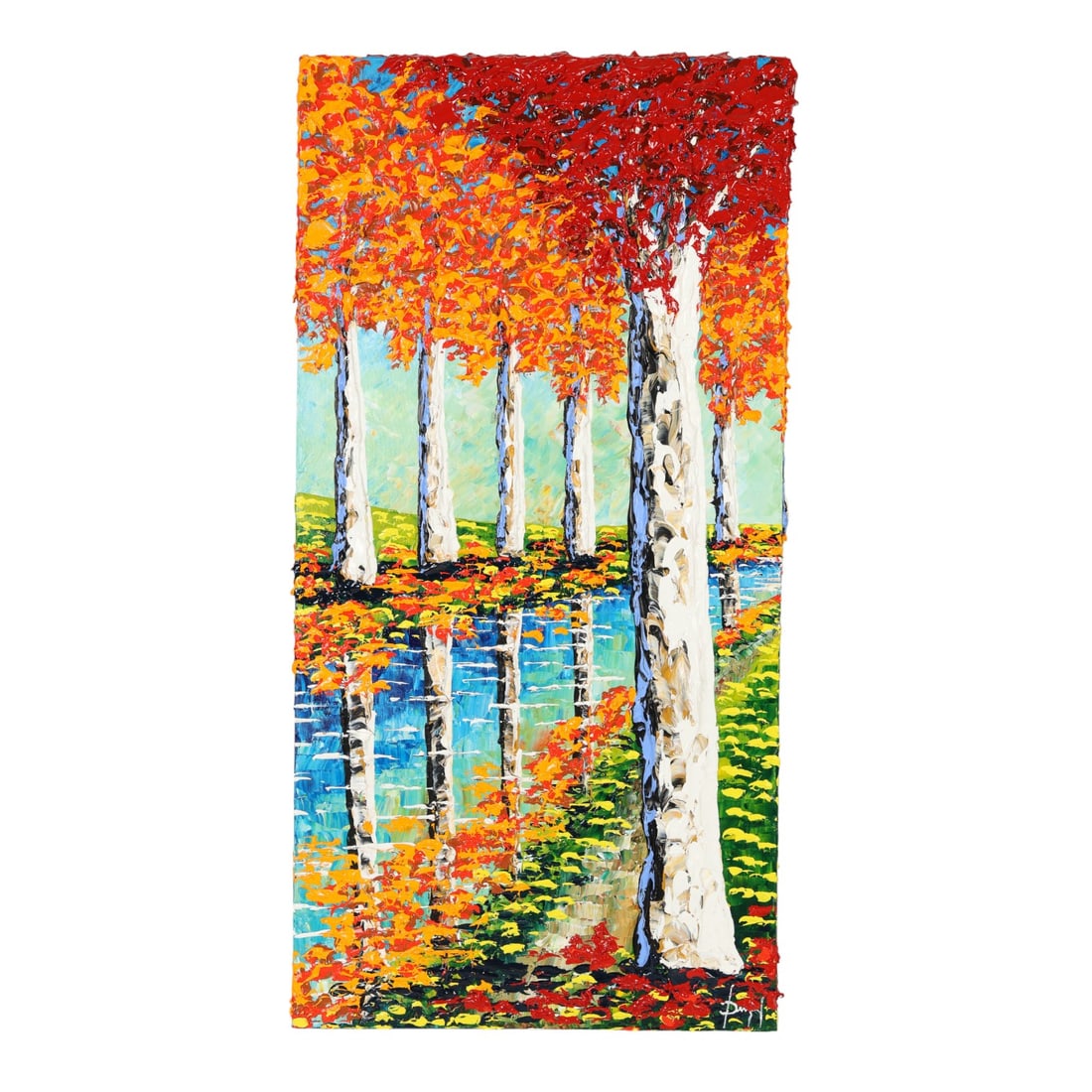 Isabelle Dupuy 20C Sycamores Tree Impasto Painting: Isabelle Dupuy (Haitian, 20/21st century), Tall Sycamores of the Winding Stream, oil and acrylic impasto on canvas depicting a vibrant woodland landscape with tall white-barked trees reflected in a