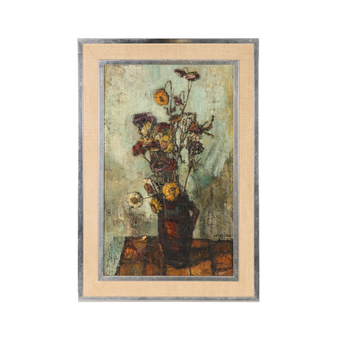 Pierre Letellier 1928-2000 Still Life Oil Painting: Pierre Letellier (French,1928-2000), oil painting on canvas. Composition features a vase with assorted flowers. Signed lower right corner. The reverse of the canvas bears hand inscriptions including