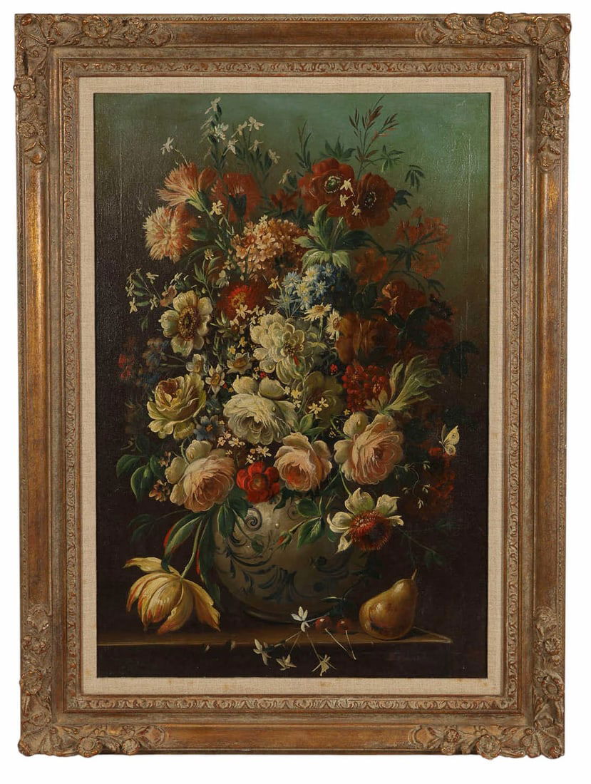Antique Italian Floral Still Life Painting SIGNED: Antique oil painting on canvas depicting a still life arrangement of flowers in a vase with fruit and butterfly details. The style is reminiscent of Dutch School inspired still lifes. The work is