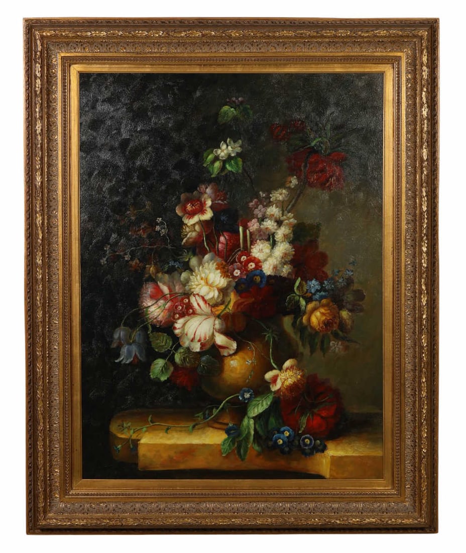 Antique Style Floral Still Life Painting SIGNED: Antique-style oil on canvas depicting a floral still life arrangement with a central yellow vase resting on a stone ledge. The composition features a variety of cut flowers, including roses, lilies, a