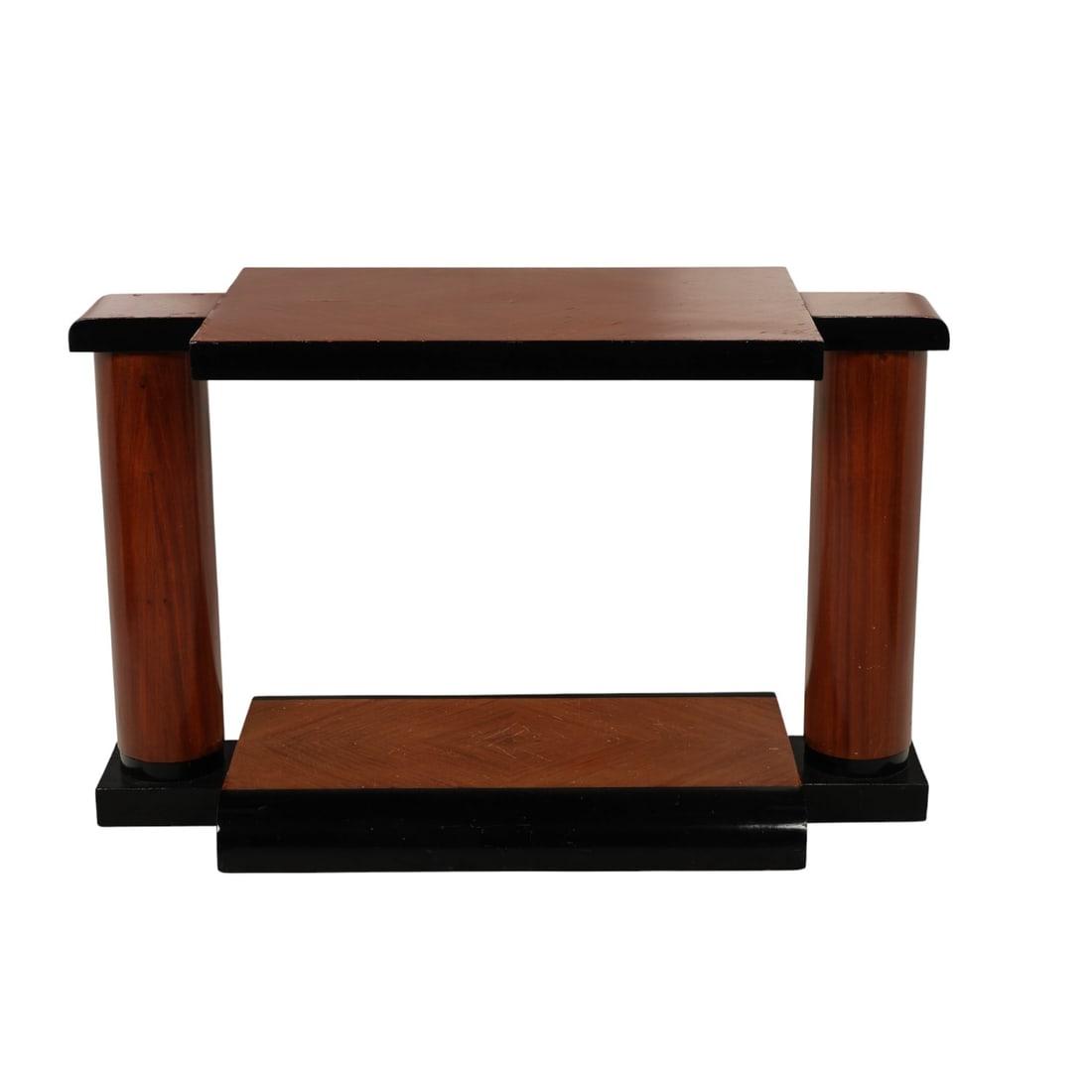 Art Deco Cylindrical Supported Wood Console Table: Art Deco foyer table with a stepped rectangular top, supported by two cylindrical column legs and a matching lower-tier platform. It features mixed veneer wood surfaces with contrasting black lacquere