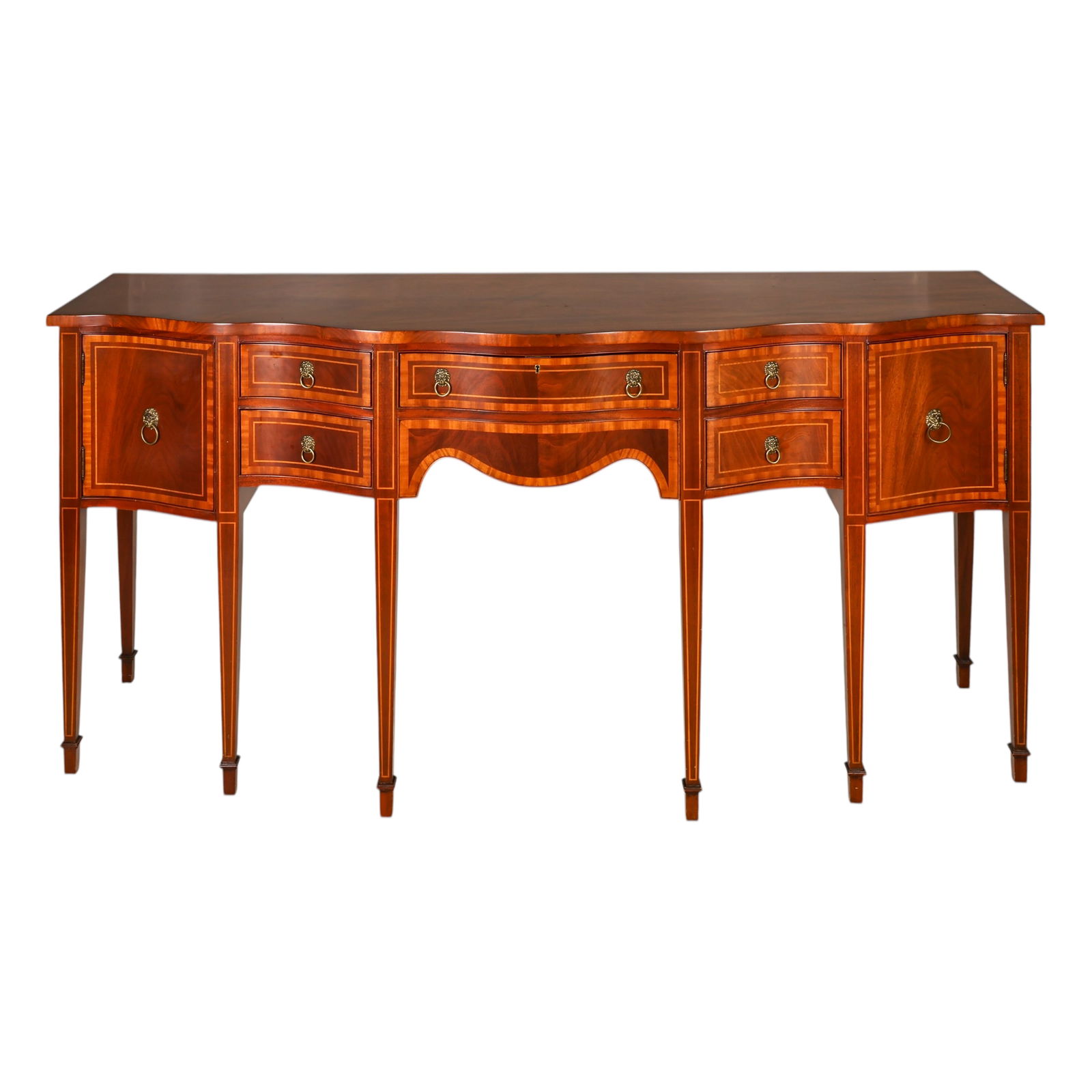 Hickory Chair Federal Style Sideboard Breakfront: Hickory Chair sideboard breakfront from the Historical James River Plantation Collection. The cabinet features a serpentine front with a central drawer fitted for flatware, flanked by four smaller dra
