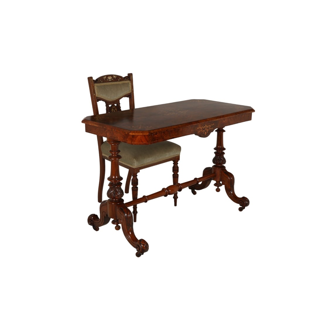 Antique English Marquetry Library Table and Chair (1 of 12)