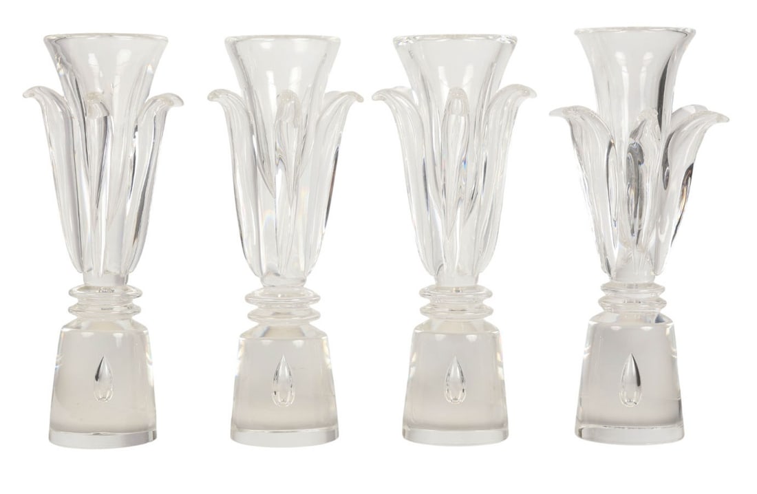 Steuben Crystal Single Light Candleholders 4pc SET: Steuben, four piece, clear crystal candlesticks or bud vases, Versailles model number 8121 designed in 1962 by Donald Pence Pollard (American, 1924-1994). Each features a trumpet form bowl with applie
