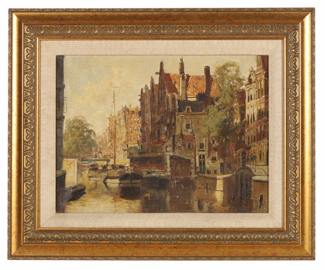 Hendrik T Hoven 1901-1978 Canal Scene Oil Painting (1 of 6)