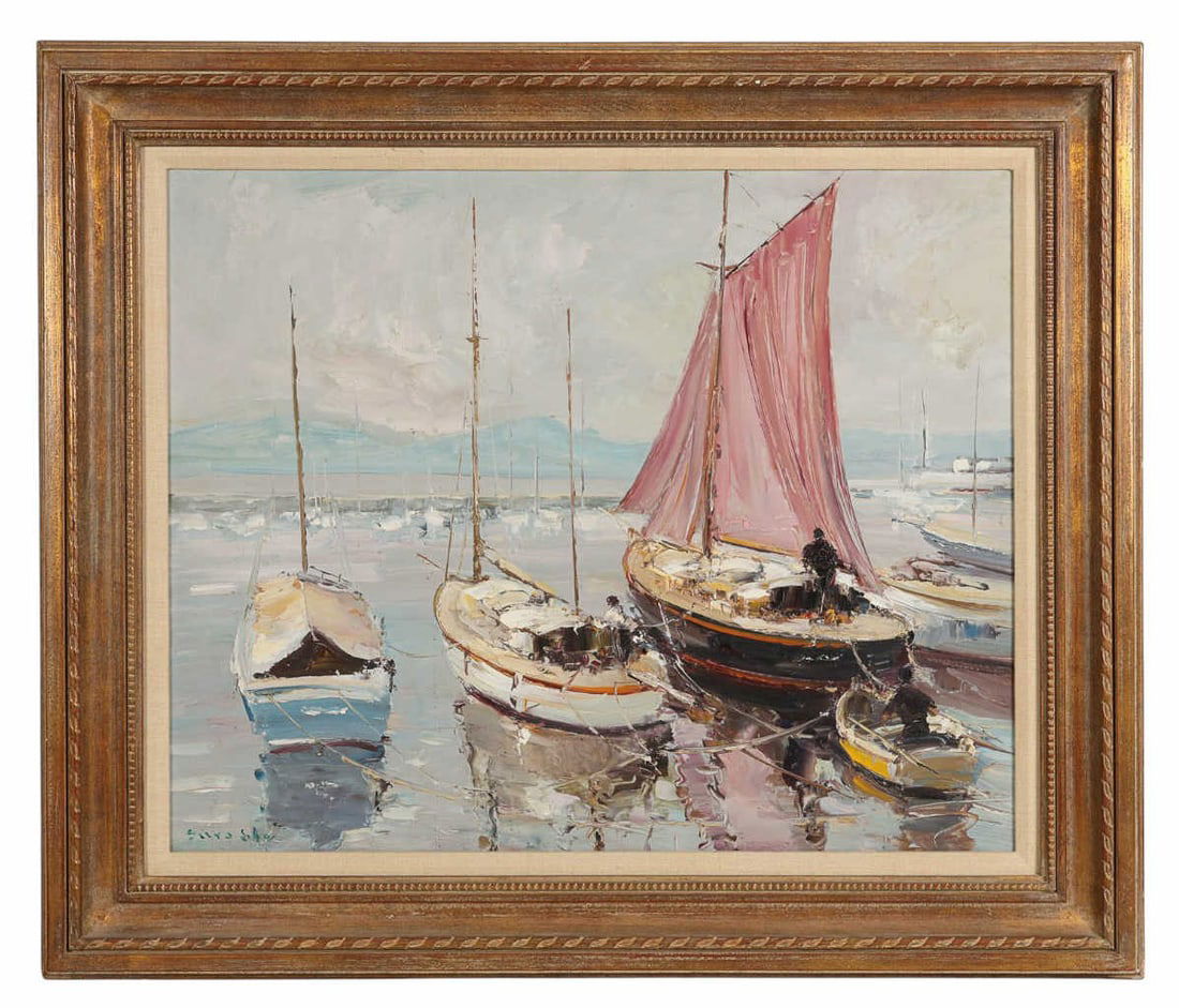 Impressionist MCM Harbor Scene Oil Painting SIGNED: Oil painting on board depicting docked sailboats with figures aboard, rendered in a palette knife technique. The composition features a large boat with a pink sail in the foreground, with distant vess