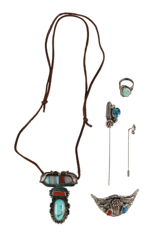 Native American Silver Hair Pin Ring & Pendant LOT: Lot of Native American Navajo-style Southwestern sterling silver jewelry, including a small stick pin, a hair barrette with stick, one silver pendant, and a turquoise ring, set with turquoise and cora