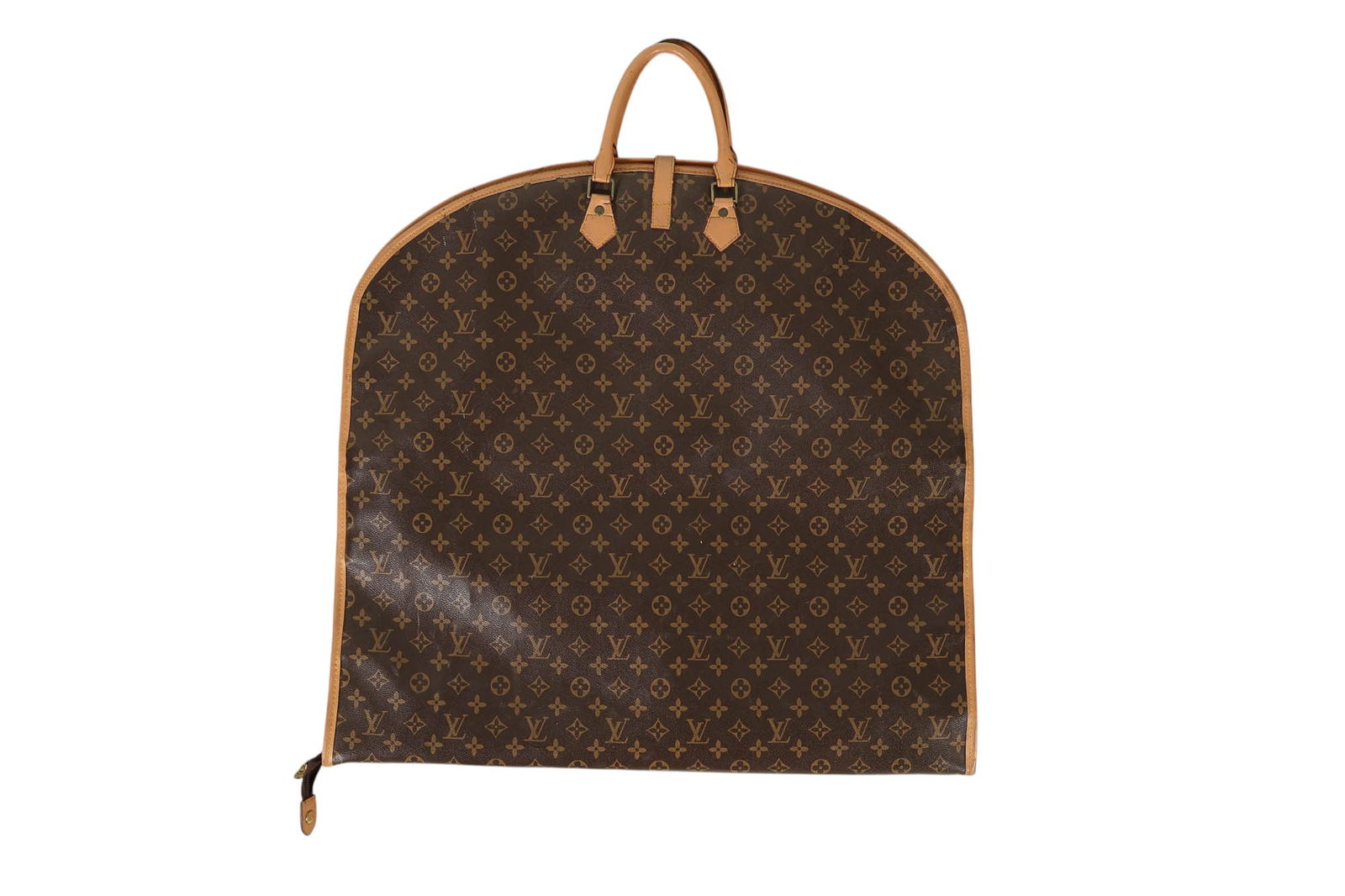 Louis Vuitton Monogram Canvas Garment Carrier Bag: Louis Vuitton luxury designer garment carrier travel bag in monogram canvas with natural leather trim and dual top handles. Interior features zip closure and fabric lining with leather patch marked Lo