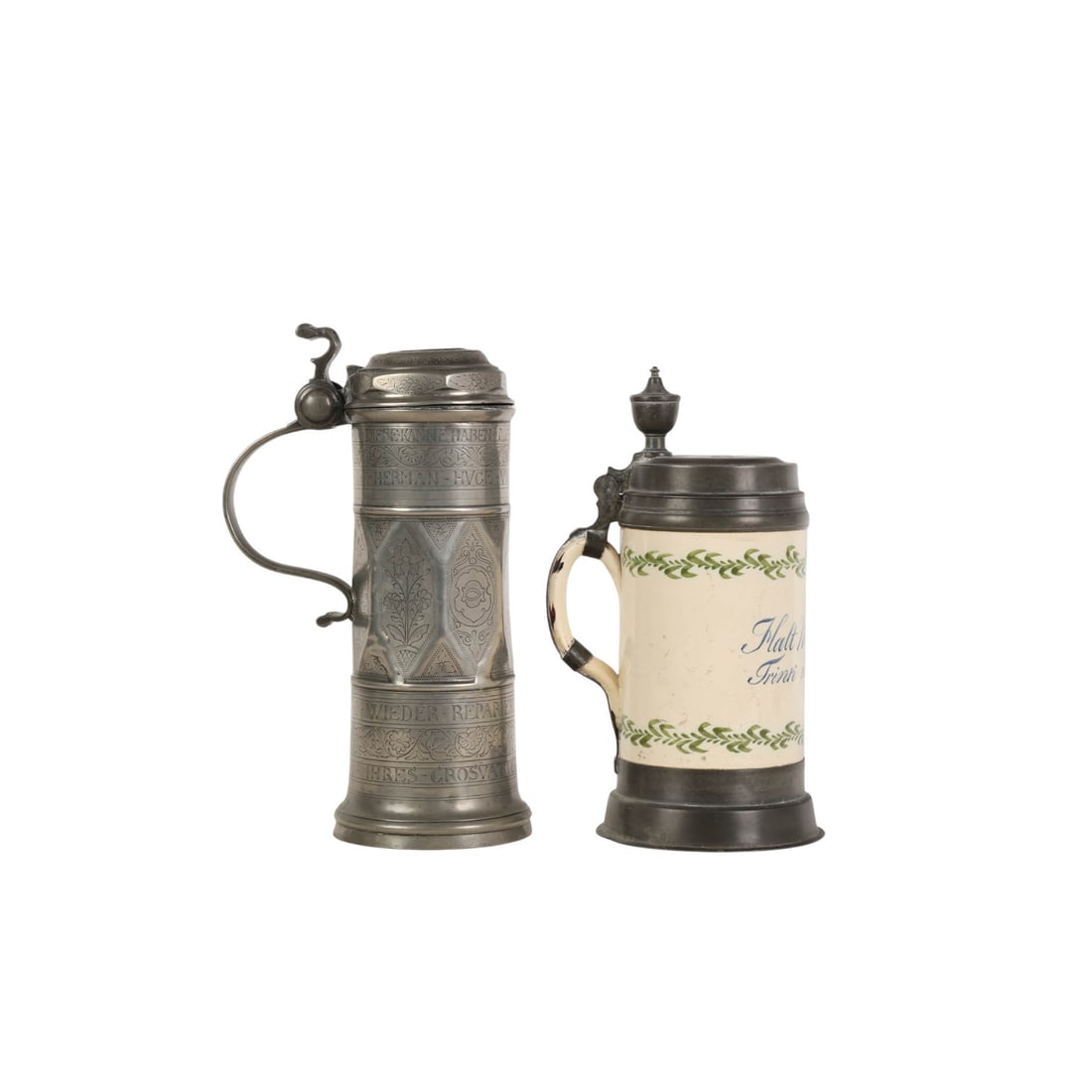 Antique German Pewter Hinge Lidded Tankard 2pc LOT (1 of 10)