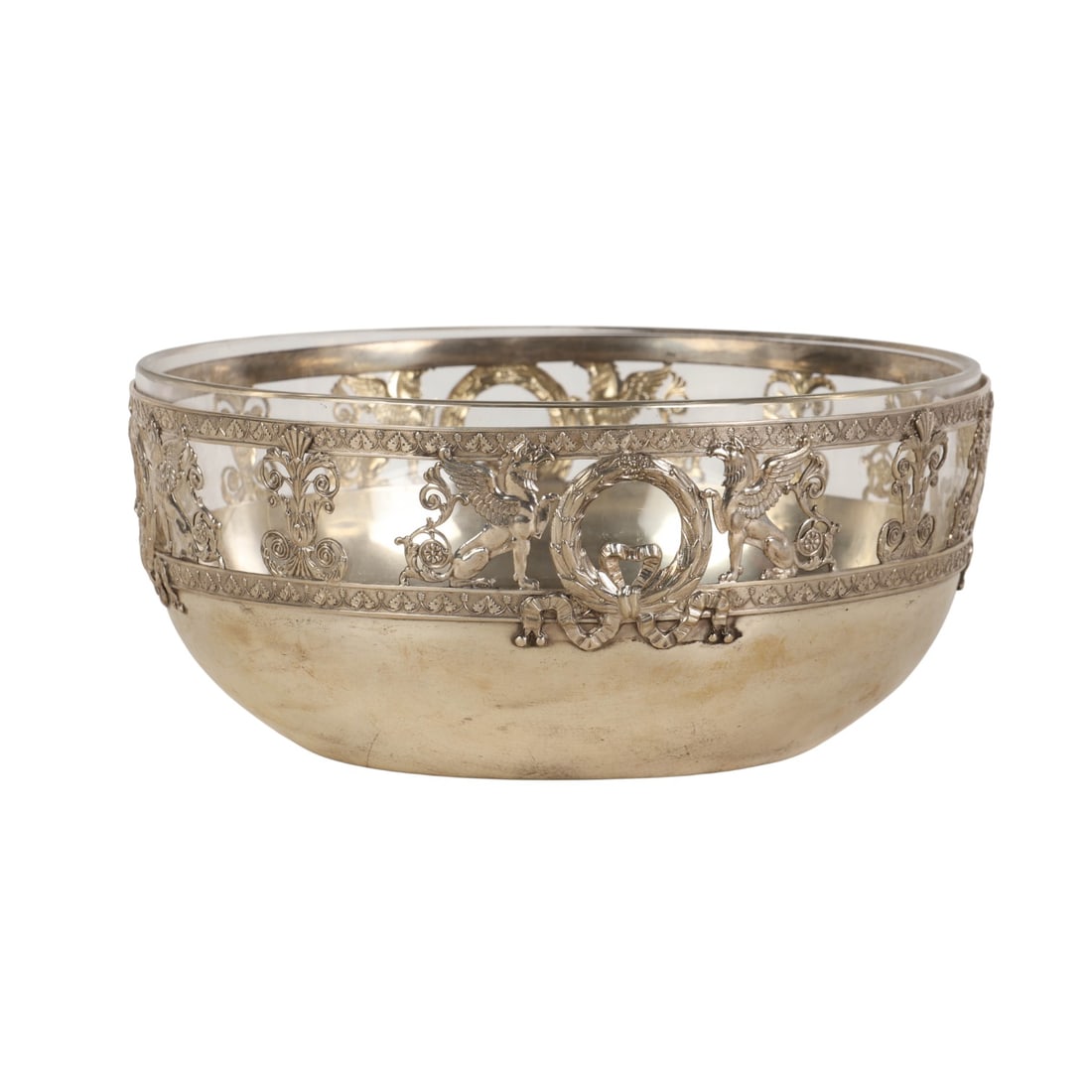 Schneider 800 Silver Glass Round Centerpiece Bowl: German .800 silver centerpiece bowl by Schneider with pierced griffin and central ribbon tied wreaths frame encasing a fitted removable clear glass liner. Stamped Schneider with crescent moon, crown,