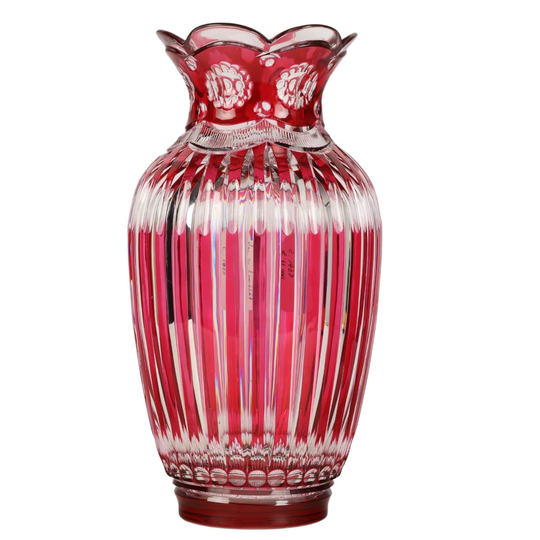Val St Lambert Cranberry Cut To Clear Glass Vase: Large cranberry red cut to clear art glass vase attributed to Val Saint Lambert. Featuring deep red overlay with oval and floral cut motifs. The body has vertical fluted panels with alternating clear