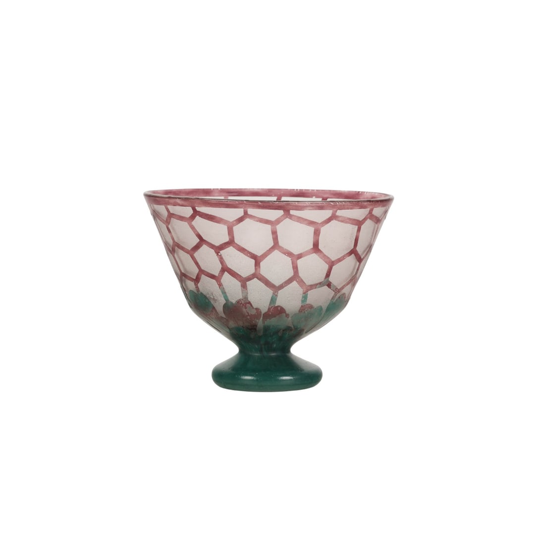 La Verre Francois Berlingot Studio Art Glass Bowl: La Verre Francais footed compote dish in the Berlingot pattern, dating from circa 1918-1922. Features a honeycomb motif over clear glass with blue and green accents and a flared bowl supported by a