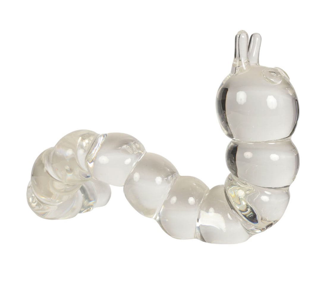 Stueben Crystal Art Glass Caterpillar Sculpture: Steuben crystal art glass caterpillar model number 8244 sculpture. Designed in 1970 by Peter Yenawine (American, born 1944). Depicts a segmented caterpillar with upright antennae and a coiled body.