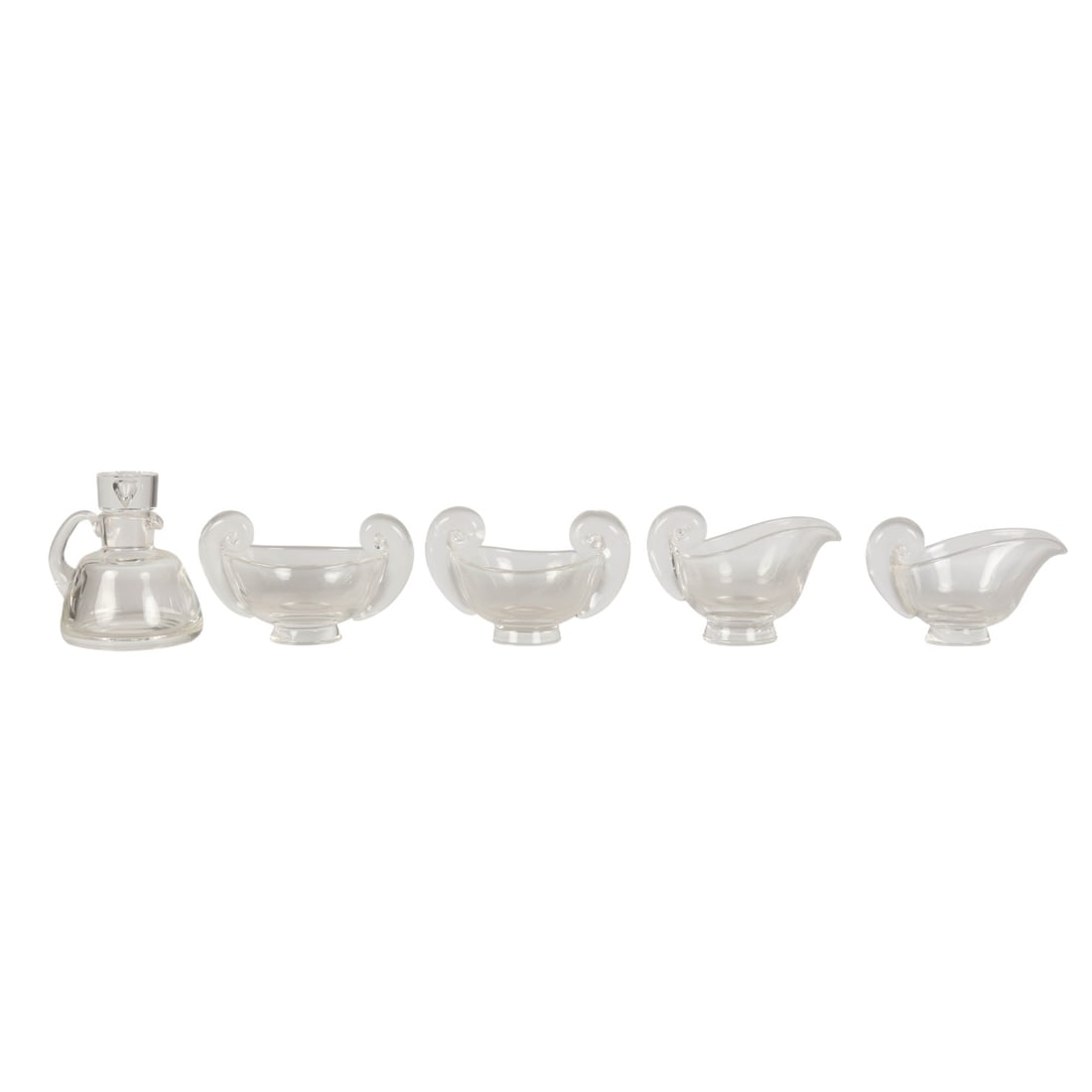 Steuben Crystal Snail Scroll Sugar Creamer Cruet: Steuben, clear crystal tableware server ware five piece lot. Includes two Snail Scroll pattern sugar bowls and two creamers, model numbers 7941 and 7942, designed in 1947 by Irene Benton (American,