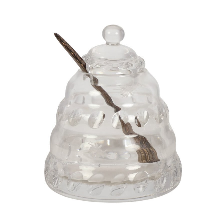 William Yeoward Buzzy Rosa Honey Pot w Lid & Spoon: William Yeoward, Buzzy Rosa pattern clear crystal honey jar introduced in 2003. The handcrafted hive-inspired vessel features engraved incised bumble bees in flight, encircling the body. A ring of