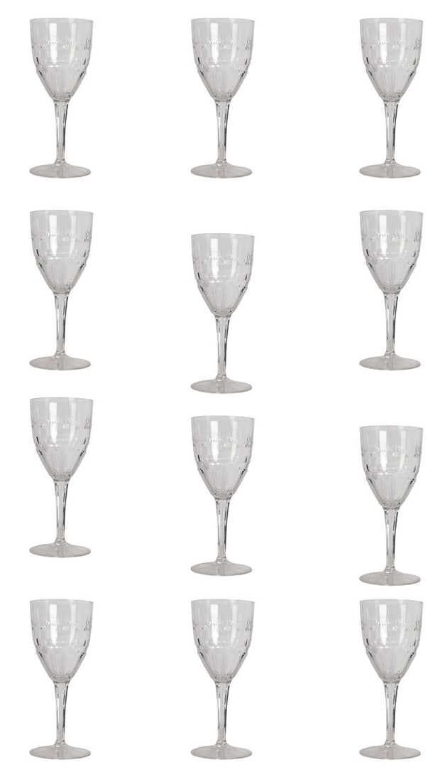 William Yeoward Crystal Elizabeth Water Goblet SET: William Yeoward (British, 1957-2019), set of twelve crystal stemware water drinking glass goblets. Modeled in the Elizabeth pattern. Features a faceted bowl with cut and etched detailing including han
