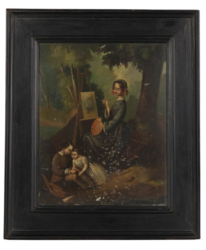 Antique Woman Artist with Children Oil Painting: Antique oil painting on panel depicting a woman at an easel painting outdoors, accompanied by two children reading a book. The figures are set within a wooded outdoor landscape, with soft light filter