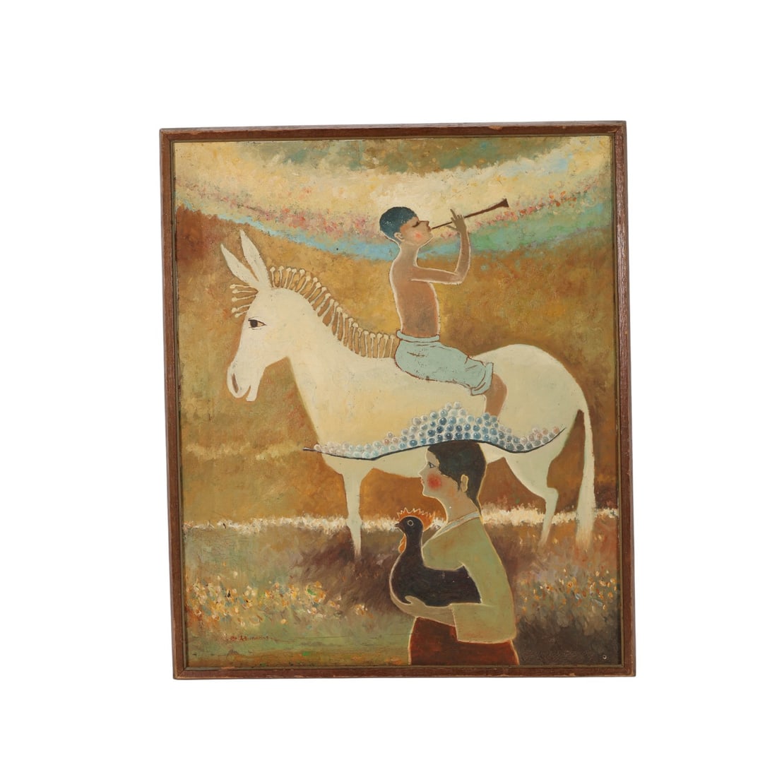 Folk Art Figural w Animal and Bird Painting SIGNED (1 of 8)