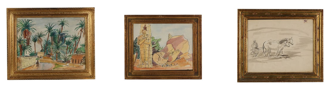 Ragheb Ayad 1892-1982 Watercolor Paintings 3pc LOT: Ragheb Ayad (Egyptian, 1892-1982), a lot of three watercolor and ink drawings on paper, each signed and dated by the artist. The set includes Calle de El Cairo (1957), a colorful landscape scene featu