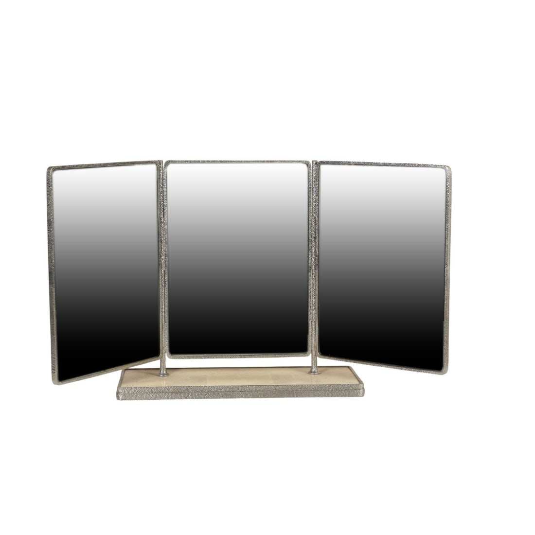 Bill Sofield For Baker Shagreen Triptych Mirror: Bill Sofield triptych vanity mirror designed for Baker Furniture. The sculptural mirror features three beveled glass panels mounted on a luxurious faux shagreen base in a beige tone. Each side panel i
