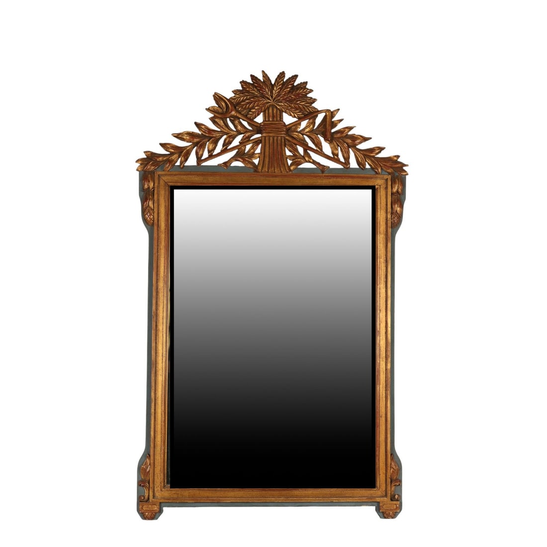 Antique French Style Gilt Carved Wood Wall Mirror: Antique carved wood mirror featuring a rectangular mirror plate crowned by a carved crest of crossed foliage and a central sheaf motif, finished in a warm gilt-toned surface. The frame displays molded