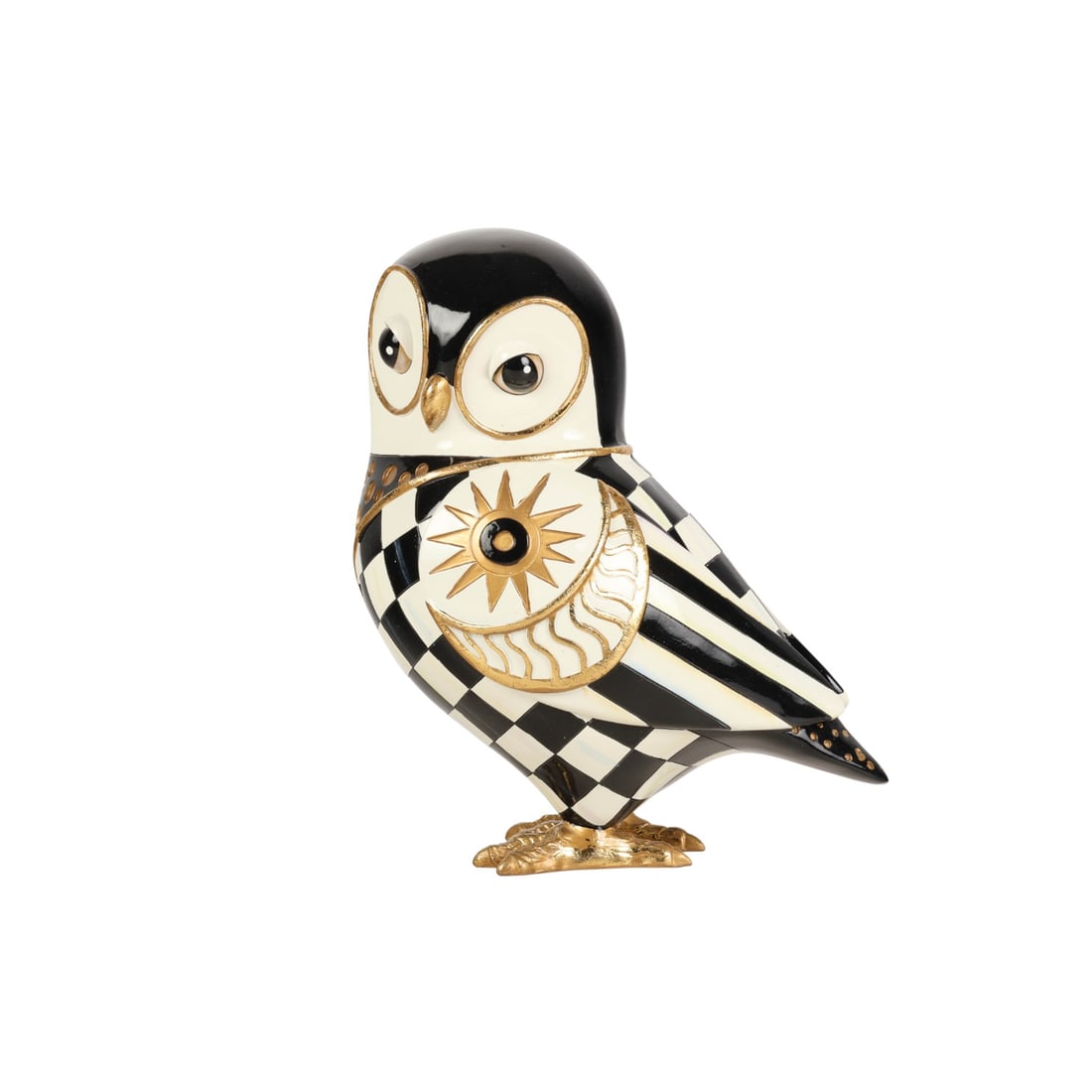 Mackenzie Childs Cosmique Star Owl Bird Sculpture: MacKenzie Childs resin figurine decorated with checker, stripe, and dot patterns in black and white with gold painted details. The stylized owl stands on two raised feet and features sunburst style