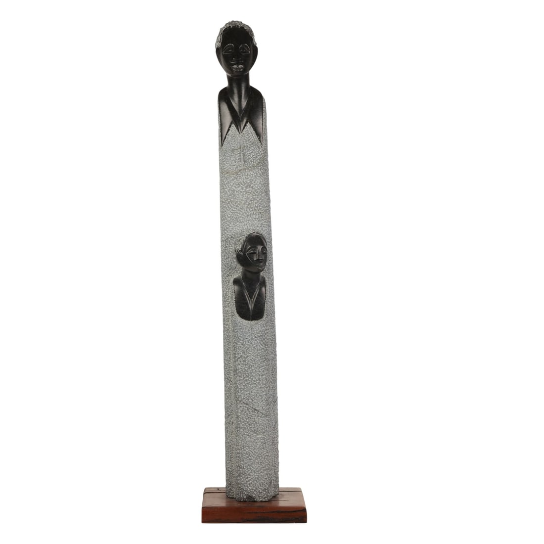 Joe Mutasa b.1964 African Springstone Sculpture: Joe Mutasa (Zimbabwean, born 1964), a hand-carved natural serpentine stone sculpture featuring an elongated abstract figural composition with two stylized heads emerging from a single body. The work