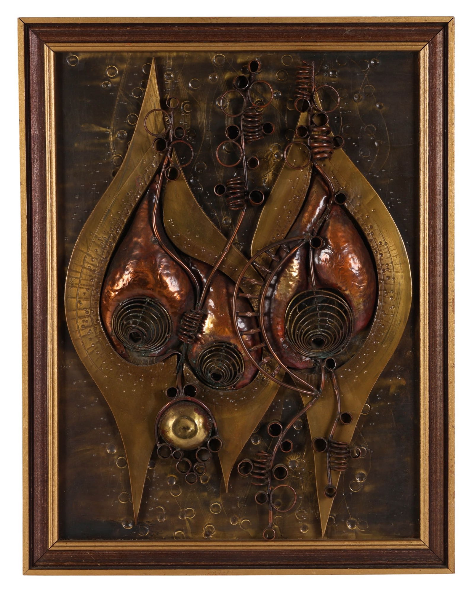 Brutalist Mid Century Copper Brass Wall Sculpture: Mid-Century Modern abstract wall sculpture crafted in copper and brass with dimensional organic forms, coiled wire, circular cutouts, and hammered textures. Mounted on a wooden frame. No apparent