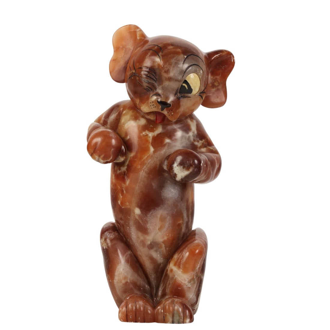 Art Deco Carved Onyx Stone Cartoon K9 Puppy Dog: Figural sculpture carved from a single piece of stone, likely onyx depicting a cartoon style animal with rounded limbs, upright posture, and expressive facial features including one eye winking and a