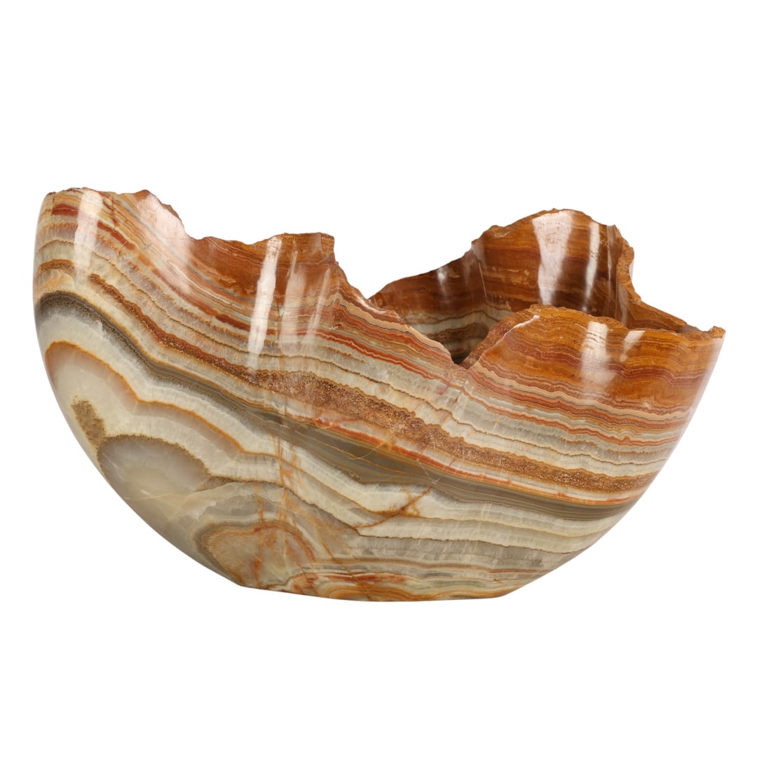 Large Natural Onyx Stone Freeform Centerpiece Bowl: Natural carved onyx stone centerpiece bowl featuring organic undulating edges and layered mineral banding in various earth tones. The piece is sculpted from a single block of onyx, with a polished