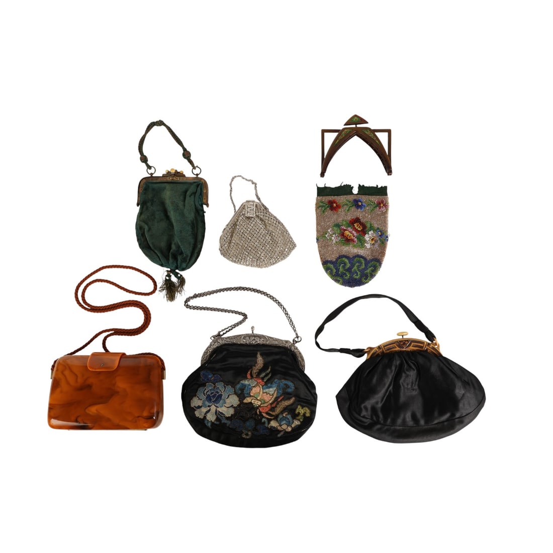 Art Deco Embroidered Marbled Rhinestone Purse Bags: Estate grouping of six assorted vintage handbags and purses along with one loose green bakelite purse frame. The collection includes: a marbled hard plastic shoulder bag with a cord strap and