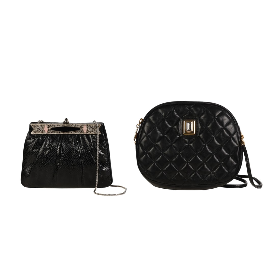 Judith Leiber Snakeskin & Quilted Designer Handbag: Lot of two Judith Leiber purse bags. Includes a black snakeskin clutch with silver tone metal frame set with pink and black stones, interior marked with metal logo plaque and silver shoulder chain.