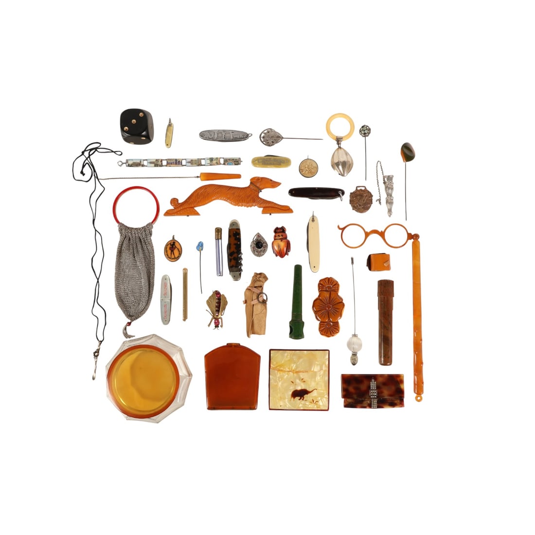 Bakelite Jewelry Oversize Dice Pocket Knife LOT: Group of over twenty five mixed vintage items including figural accessories, bar tools, containers, stick hat pins, and novelty objects. Includes bakelite, lucite, and celluloid pieces such as an