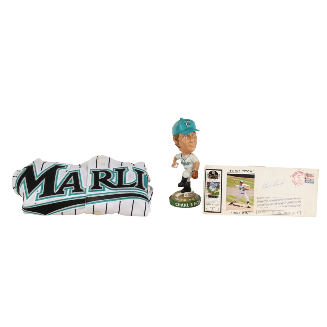 Florida Marlins Charlie Hough Signed Memorabilia: Lot includes a Charlie Hough bobble-head marked First Pitch April 5th, 1993 with El Dorado Furniture logo, a commemorative envelope stamped April 5, 1993 and signed by Charlie Hough, and a Majestic